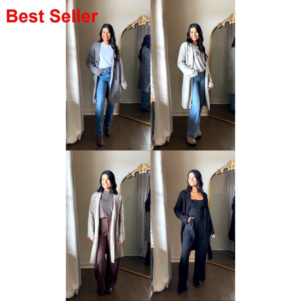 Long Knit Cardigan Sweater Jacket with Pockets, Notch Lapels, Chunky Fabric - Picture 6 of 7